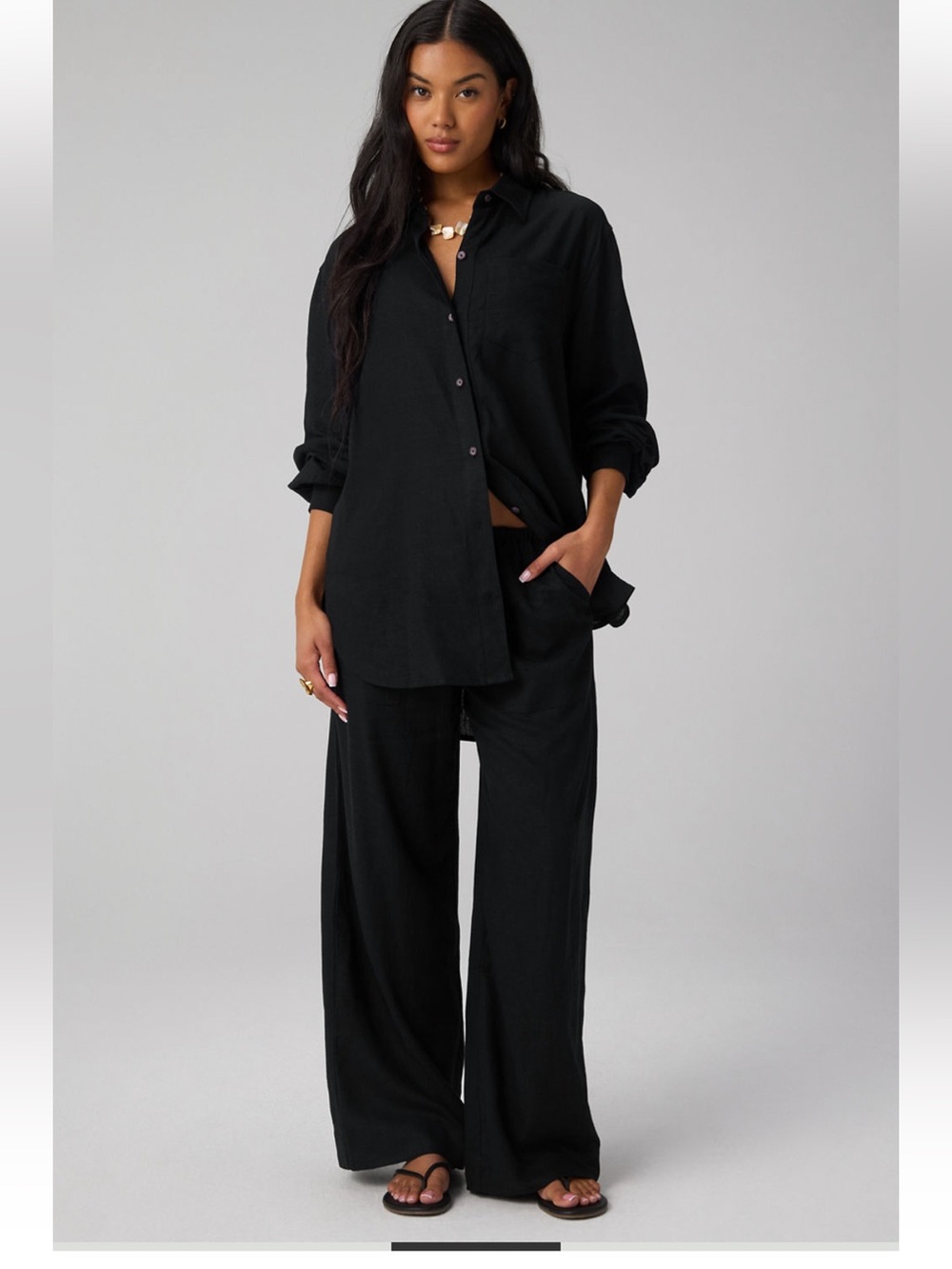 Fabletics Lifestyle Linen blend Set Black L NWT Button Up & Straight Leg